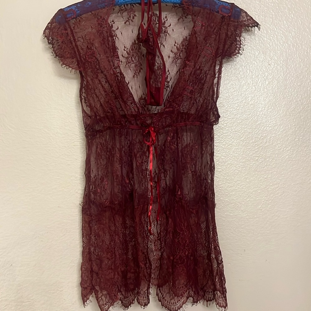 Eyelash Lace Tie Fron Lingerie W/Panties Sexy Nighty S